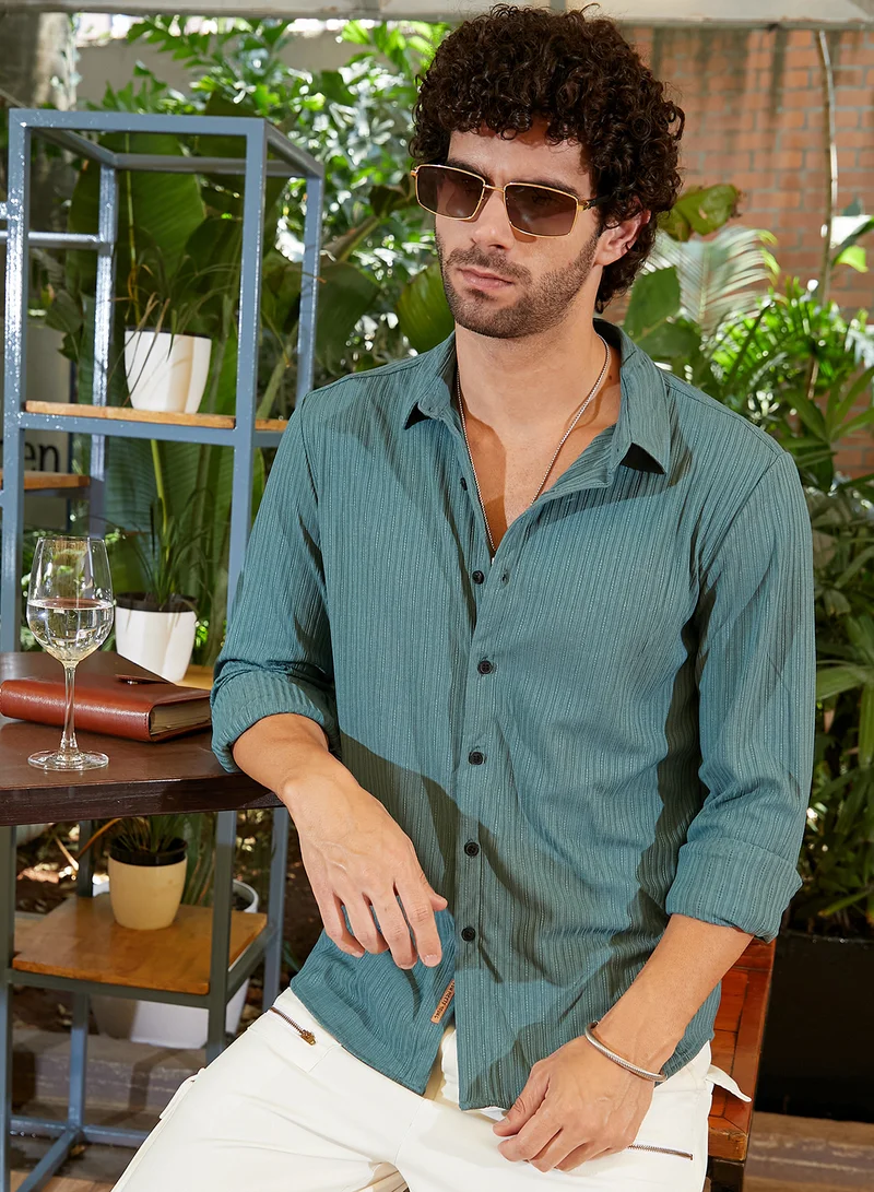 Men's Sea Green Trough-Tactile Regular Shirt For Casual Wear | Spread Collar | Long Regular Sleeves | Button Closure | Shirt Crafted With Comfort Fit For Everyday Wear